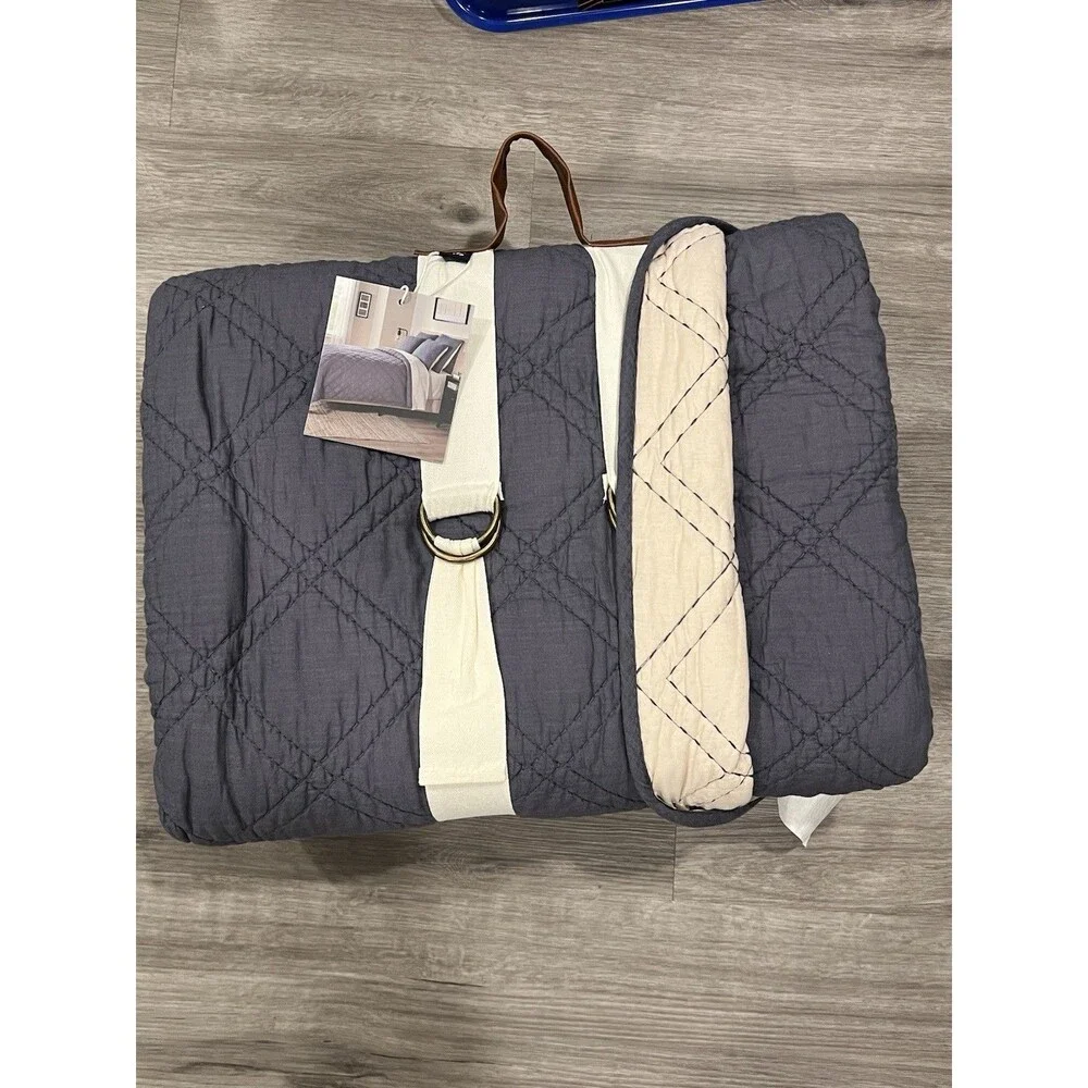 Brooks Brothers Cotton Slub Quilt FULL QUEEN Dark Blue Diamond Stitch Reversible